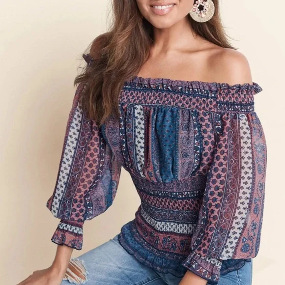 VENUS Blue and Green Smocked Off-Shoulder Blouse - Picture 1 of 4